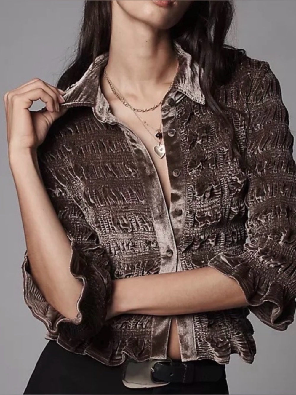 Maeve Textured Brown Velvet Button-Front Shirt - Picture 1 of 10